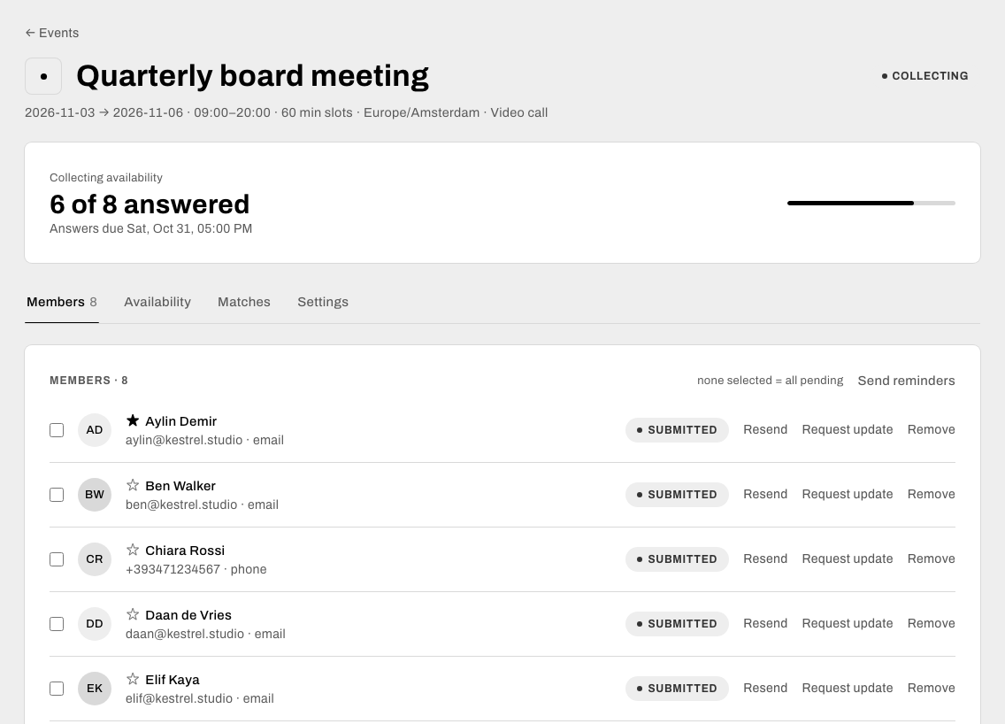 An event in Kairobot: 6 of 8 guests have answered, answers are due Saturday, and each guest’s status is listed.